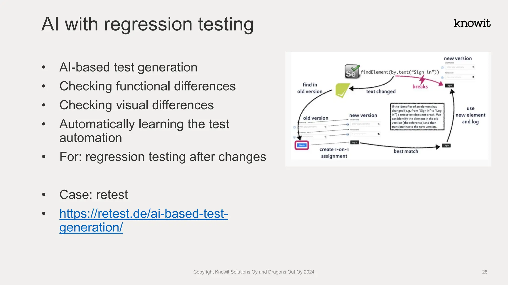 • AI-based test generation
• Checking functional differences
• Checking visual differences
• Automatically learning the test
automation
• For: regression testing after changes
• Case: retest
• https://retest.de/ai-based-test-
generation/
AI with regression testing
Copyright Knowit Solutions Oy and Dragons Out Oy 2024 28
 