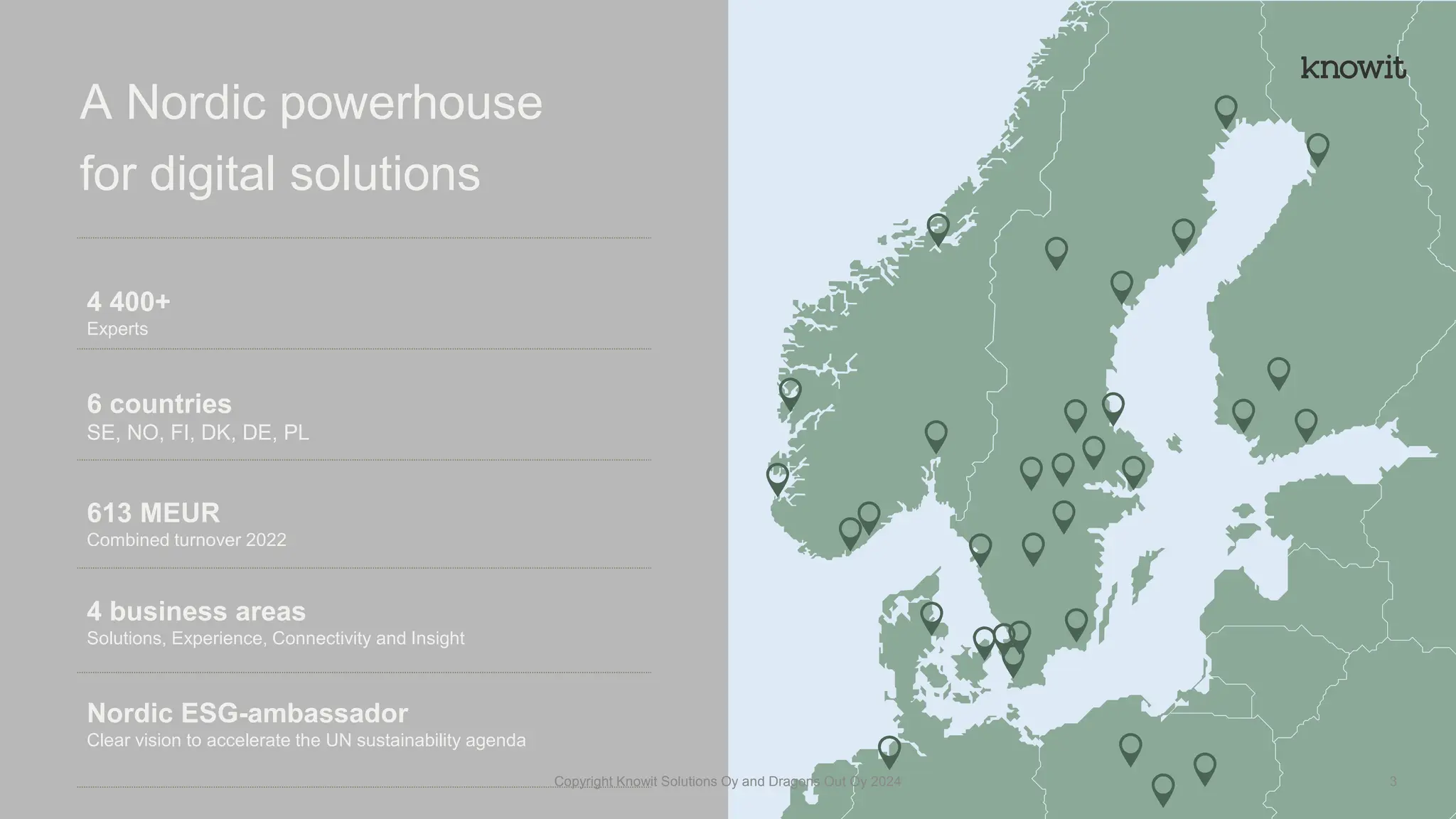 A Nordic powerhouse
for digital solutions
4 400+
Experts
6 countries
SE, NO, FI, DK, DE, PL
613 MEUR
Combined turnover 2022
4 business areas
Solutions, Experience, Connectivity and Insight
Nordic ESG-ambassador
Clear vision to accelerate the UN sustainability agenda
Copyright Knowit Solutions Oy and Dragons Out Oy 2024 3
 
