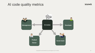 Developer
Product
Owner
Scrum team
Management
AI
AI review
AI code quality metrics
Copyright Knowit Solutions Oy and Dragons Out Oy 2024 20
 