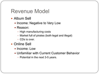 Revenue ModelAlbum SellIncome: Negative to Very LowReason: High manufacturing costs Market full of pirates (both legal and illegal)CDs is over.Online SellIncome: LowUnfamiliar with Current Customer BehaviorPotential in the next 3-5 years.