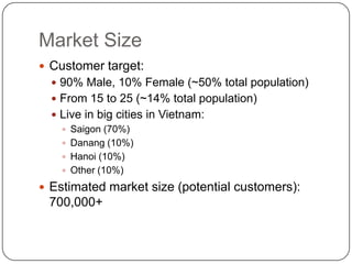 Market SizeCustomer target: 90% Male, 10% Female (~50% total population)From 15 to 25 (~14% total population)Live in big cities in Vietnam: Saigon (70%)Danang (10%)Hanoi (10%)Other (10%)Estimated market size (potential customers): 700,000+