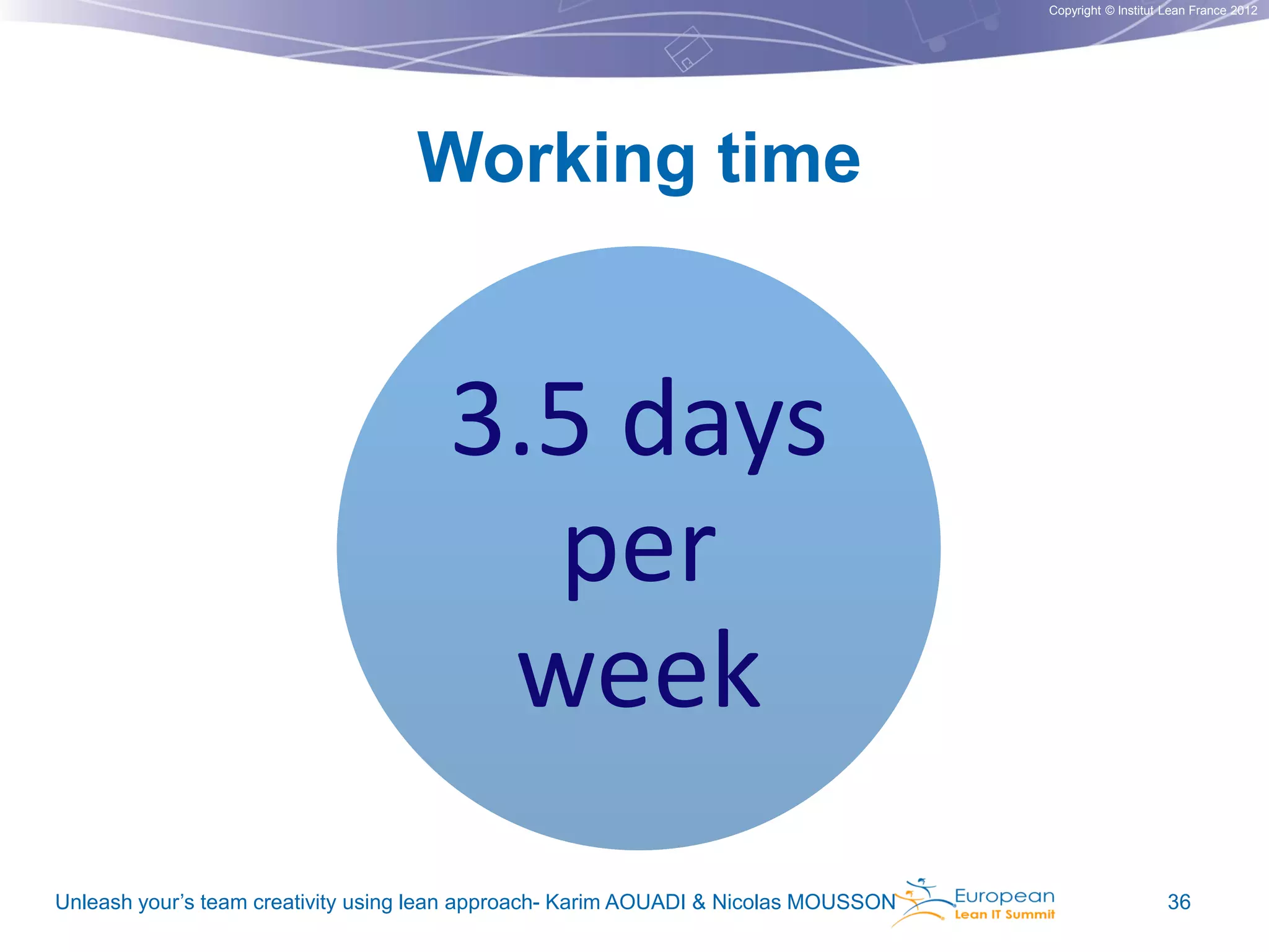 Copyright © Institut Lean France 2012

Working time

3.5 days
per
week
Unleash your’s team creativity using lean approach- Karim AOUADI & Nicolas MOUSSON

36

 