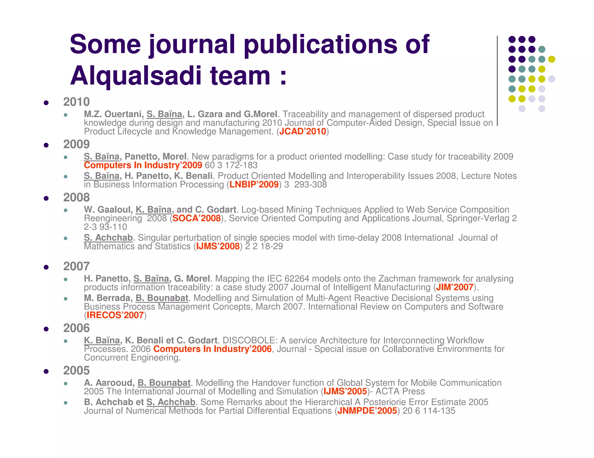 Some journal publications of
Alqualsadi team :
2010
   M.Z. Ouertani, S. Baïna, L. Gzara and G.Morel. Traceability and management of dispersed product
   knowledge during design and manufacturing 2010 Journal of Computer-Aided Design, Special Issue on
   Product Lifecycle and Knowledge Management. (JCAD’2010)
2009
   S. Baïna, Panetto, Morel. New paradigms for a product oriented modelling: Case study for traceability 2009
   Computers In Industry’2009 60 3 172-183
   S. Baïna, H. Panetto, K. Benali. Product Oriented Modelling and Interoperability Issues 2008, Lecture Notes
   in Business Information Processing (LNBIP’2009) 3 293-308
2008
   W. Gaaloul, K. Baïna, and C. Godart. Log-based Mining Techniques Applied to Web Service Composition
   Reengineering 2008 (SOCA’2008), Service Oriented Computing and Applications Journal, Springer-Verlag 2
   2-3 93-110
   S. Achchab. Singular perturbation of single species model with time-delay 2008 International Journal of
   Mathematics and Statistics (IJMS’2008) 2 2 18-29

2007
   H. Panetto, S. Baïna, G. Morel. Mapping the IEC 62264 models onto the Zachman framework for analysing
   products information traceability: a case study 2007 Journal of Intelligent Manufacturing (JIM’2007).
   M. Berrada, B. Bounabat. Modelling and Simulation of Multi-Agent Reactive Decisional Systems using
   Business Process Management Concepts, March 2007. International Review on Computers and Software
   (IRECOS’2007)
2006
   K. Baïna, K. Benali et C. Godart. DISCOBOLE: A service Architecture for Interconnecting Workflow
   Processes. 2006 Computers In Industry’2006, Journal - Special issue on Collaborative Environments for
   Concurrent Engineering.
2005
   A. Aarooud, B. Bounabat. Modelling the Handover function of Global System for Mobile Communication
   2005 The International Journal of Modelling and Simulation (IJMS’2005)- ACTA Press
   B. Achchab et S. Achchab. Some Remarks about the Hierarchical A Posteriorie Error Estimate 2005
   Journal of Numerical Methods for Partial Differential Equations (JNMPDE’2005) 20 6 114-135
 