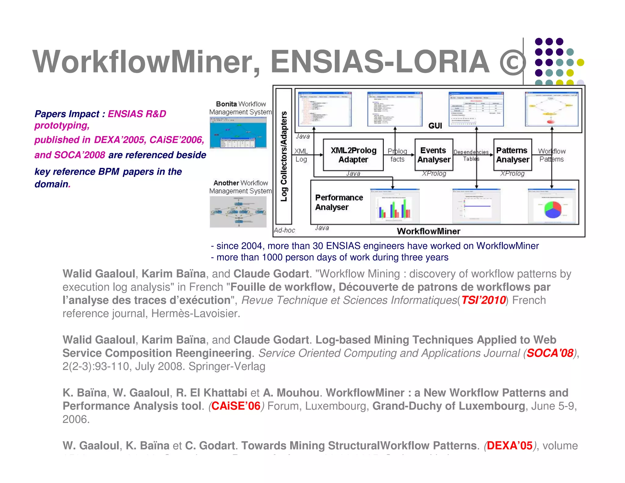 WorkflowMiner, ENSIAS-LORIA ©
Papers Impact : ENSIAS R&D
prototyping,
published in DEXA’2005, CAiSE’2006,
and SOCA’2008 are referenced beside
key reference BPM papers in the
domain.




                                      - since 2004, more than 30 ENSIAS engineers have worked on WorkflowMiner
                                      - more than 1000 person days of work during three years
     Walid Gaaloul, Karim Baïna, and Claude Godart. "Workflow Mining : discovery of workflow patterns by
     execution log analysis" in French "Fouille de workflow, Découverte de patrons de workflows par
     l’analyse des traces d’exécution", Revue Technique et Sciences Informatiques(TSI’2010) French
     reference journal, Hermès-Lavoisier.

     Walid Gaaloul, Karim Baïna, and Claude Godart. Log-based Mining Techniques Applied to Web
     Service Composition Reengineering. Service Oriented Computing and Applications Journal (SOCA'08),
     2(2-3):93-110, July 2008. Springer-Verlag

     K. Baïna, W. Gaaloul, R. El Khattabi et A. Mouhou. WorkflowMiner : a New Workflow Patterns and
     Performance Analysis tool. (CAiSE’06) Forum, Luxembourg, Grand-Duchy of Luxembourg, June 5-9,
     2006.

     W. Gaaloul, K. Baïna et C. Godart. Towards Mining StructuralWorkflow Patterns. (DEXA’05), volume
     3588, pages 24–33, Copenhagen, Denmark, August 22-26 2005. Springer-Verlag.
 