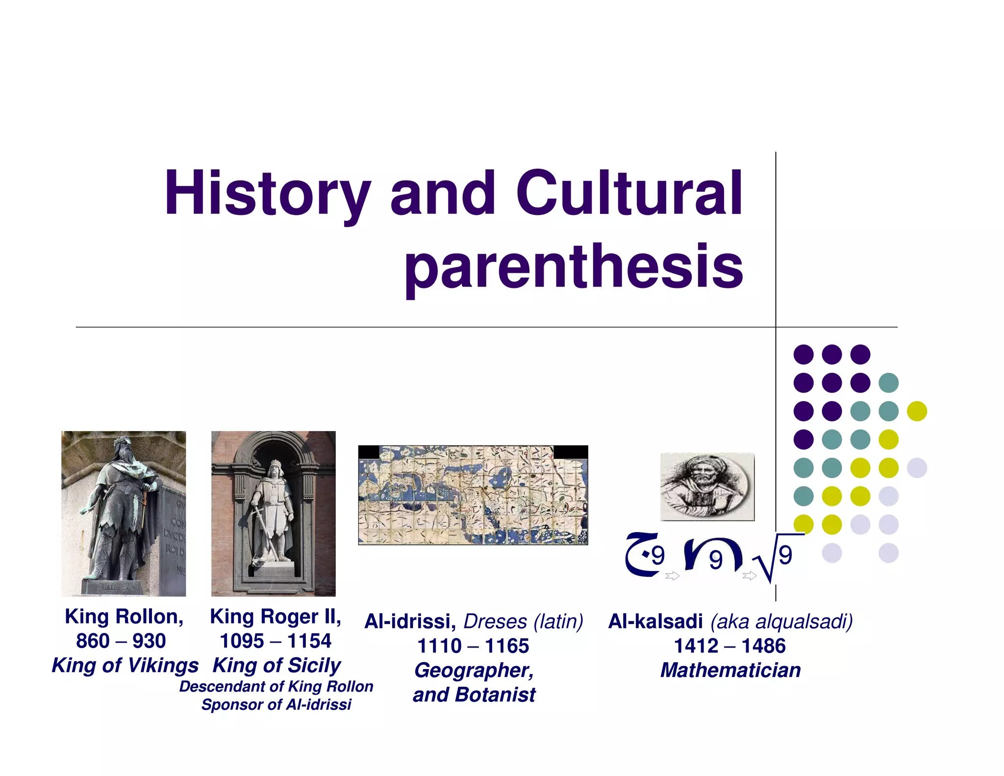 History and Cultural
                   parenthesis




 King Rollon, King Roger II,         Al-idrissi, Dreses (latin)   Al-kalsadi (aka alqualsadi)
  860 – 930      1095 – 1154               1110 – 1165                   1412 – 1486
King of Vikings King of Sicily             Geographer,                 Mathematician
             Descendant of King Rollon
               Sponsor of Al-idrissi
                                          and Botanist
 