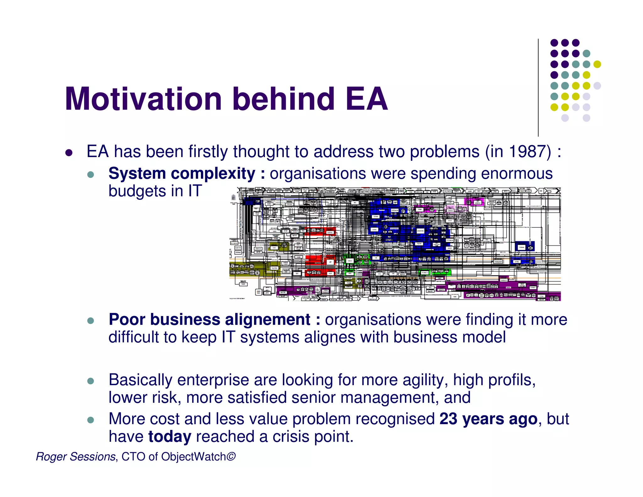 Motivation behind EA
        EA has been firstly thought to address two problems (in 1987) :
          System complexity : organisations were spending enormous
          budgets in IT




            Poor business alignement : organisations were finding it more
            difficult to keep IT systems alignes with business model

            Basically enterprise are looking for more agility, high profils,
            lower risk, more satisfied senior management, and
            More cost and less value problem recognised 23 years ago, but
            have today reached a crisis point.
Roger Sessions, CTO of ObjectWatch©
 