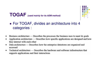 TOGAF (used mainly for its ADM method)
  For TOGAF, divides an architecture into 4
  categories :
 