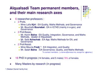 Alqualsadi Team permanent members,
      and their main research axes
                 6 researcher-professors :
                    2 Profs.
                        Mme Laïla Kjiri : EA Quality, Maths Methods, and Governance
                        Mr. Bouchaïb Bounabat : EA in ICT4D (mainly in e-gov), and
                        Governance
                    2 Prof/Assoc.
                        Mr. Karim Baïna : EA Quality, Integration, Governance, and Maths
                        Methods, (leader of Alqualsadi)
                        Mr. Saïd Achachab : EA App. Maths Methods for EA, and
                        Governance
                    2 Prof/Assist.
                        Mme Mounia Fredj (*): EA Integration, and Quality
                        Mr. Salah Baïna : EA Governance, Quality, and Maths Methods.
                                             To contact members : {<name>@ensias.ma, except for <sbaina>}


                 18 PhD in progress (14 females, and 5 males) 78% of females

                 Many Masters by research (in progress)
(*) (Nielsen   Danish family line)
 