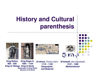 History and Cultural
                   parenthesis




 King Rollon, King Roger II,         Al-idrissi, Dreses (latin)   Al-kalsadi (aka alqualsadi)
  860 – 930      1095 – 1154               1110 – 1165                   1412 – 1486
King of Vikings King of Sicily             Geographer,                 Mathematician
             Descendant of King Rollon
               Sponsor of Al-idrissi
                                          and Botanist
 