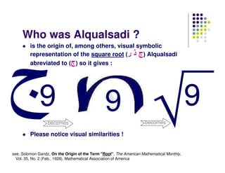 Who was Alqualsadi ?
         is the origin of, among others, visual symbolic
         representation of the square root (‫ )ج ذ ر‬Alqualsadi
         abreviated to (‫ )ج‬so it gives :




              9                                 9                                          9
                  becomes                                            becomes

         Please notice visual similarities !


see. Solomon Gandz, On the Origin of the Term "Root", The American Mathematical Monthly,
  Vol. 35, No. 2 (Feb., 1928), Mathematical Association of America
 