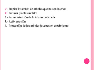 Limpiar las zonas de arboles que no son buenos Eliminar plantas inútiles  2.- Administración de la tala inmoderada 3.- Reforestación 4.- Protección de los arboles jóvenes en crecimiento 