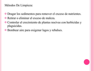 Métodos De Limpieza: Dragar los sedimentos para remover el exceso de nutrientes.  Retirar o eliminar el exceso de maleza.  Controlar el crecimiento de plantas nocivas con herbicidas y plaguicidas.  Bombear aire para oxigenar lagos y rebalses. 