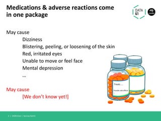 May cause
Dizziness
Blistering, peeling, or loosening of the skin
Red, irritated eyes
Unable to move or feel face
Mental depression
…
May cause
[We don’t know yet!]
CADEminer | Sarvnaz Karimi
Medications & adverse reactions come
in one package
2 |
Possible side effects
….
Treats ….
Possible side effects
….
Treats ….
 