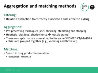 Aggregation and matching methods
Filtering:
• Relation extraction to correctly associate a side effect to a drug
Aggregation:
• Pre-processing techniques (spell checking, stemming and stopping)
• Heuristic rules (e.g., charley horse  muscle cramp)
• Those concepts that are normalized to the same SNOMED CT/MedDRA
entries are grouped together (e.g., vomiting and throw up)
Matching:
• Search in drug product information
• evaluation: MRR 0.34
CADEminer| Sarvnaz Karimi9 |
 