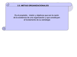Es el propósito,  misión y objetivos que son la razón  de la existencia de una organización y que constituyen  el fundamento de su estrategia 2.5. METAS ORGANIZACIONALES 