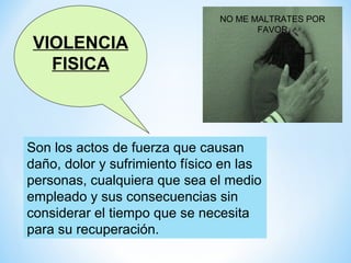 NO ME MALTRATES POR
                                       FAVOR
VIOLENCIA
  FISICA



Son los actos de fuerza que causan
daño, dolor y sufrimiento físico en las
personas, cualquiera que sea el medio
empleado y sus consecuencias sin
considerar el tiempo que se necesita
para su recuperación.
 