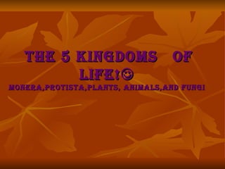 THE 5 KINGDOMS  OF  LIFE!    MONERA,PROTISTA,PLANTS, ANIMALS,AND FUNGI  