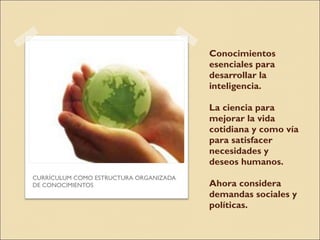 Conocimientos esenciales para desarrollar la inteligencia. La ciencia para mejorar la vida cotidiana y como vía para satisfacer necesidades y deseos humanos. Ahora considera demandas sociales y políticas. CURRÍCULUM COMO ESTRUCTURA ORGANIZADA DE CONOCIMIENTOS 