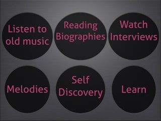 Listen to
old music
Learn
Self
DiscoveryMelodies
Reading
Biographies
Watch
Interviews
 