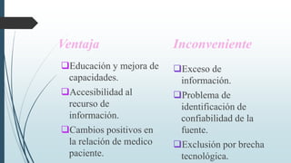 Ventaja
Educación y mejora de
capacidades.
Accesibilidad al
recurso de
información.
Cambios positivos en
la relación de medico
paciente.
Inconveniente
Exceso de
información.
Problema de
identificación de
confiabilidad de la
fuente.
Exclusión por brecha
tecnológica.
 