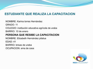 ESTUDIANTE QUE REALIZA LA CAPACITACION
NOMBRE: Karina torres Hernández
GRADO: 11
COLEGIO: institución educativa agrícola de uraba
BARRIO: 10 de enero
PERSONA QUE RESIBE LA CAPACITACION
NOMBRE: Elizabeth Hernández pitalua
EDAD: 41
BARRIO: brisas de uraba
OCUPACION: ama de casa