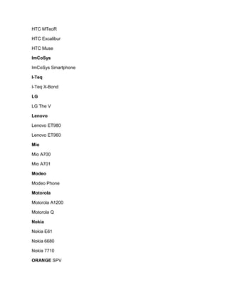 HTC MTeoR

HTC Excalibur

HTC Muse

ImCoSys

ImCoSys Smartphone

I-Teq

I-Teq X-Bond

LG

LG The V

Lenovo

Lenovo ET980

Lenovo ET960

Mio

Mio A700

Mio A701

Modeo

Modeo Phone

Motorola

Motorola A1200

Motorola Q

Nokia

Nokia E61

Nokia 6680

Nokia 7710

ORANGE SPV
 