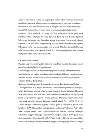 14
Adanya pencemaran udara di lingkungan rumah akan merusak mekanisme
pertahanan paru-paru sehingga mempermudah timbulnya gangguan pernafasan.
Berdasarkan hasil penelitian Naria, dkk di wilayah kerja Puskesmas Tuntungan
tahun 2008 menunjukkan proporsi balita yang menggunakan obat nyamuk
menderita ISPA sebanyak 48 orang (73,8%) sedangakan balita yang tidak
menderita ISPA sebanyak 17 orang (27,2%). Hasil uji Chi Square diperoleh
bahwa ada hubungan yang bermakna antara penggunaan obat nyamuk dengan
kejadian ISPA pada balita dengan nilai p =0,010. Hasil Ratio Prevalens kejadian
ISPA pada balita yang menggunakan obat nyamuk dibanding dengan balita yang
tidak menggunakan obat nyamuk adalah 1,8. Artinya penggunaan obat nyamuk
merupakan faktor risiko terjadinya ISPA.
c.4. Keberadaan Perokok
Paparan asap rokok merupakan penyebab signifikan masalah kesehatan seperti
pernafasan akut infeksi (ISPA) pada anak.
Satu batang rokok dibakar maka akan mengeluarkan sekitar 4000 bahan kimia
seperti nikotin, gas carbon monoksida, nitrogen oksida, hidrogen cianida, amonia,
acrolein, acetilen, benzoldehide, urethane, methanol, conmarin,ethyl cathecol,
ortcresor peryline dan lainnya.
Hasil penelitian Harianja di Kelurahan Kemenangan Tani Kecamatan Medan
Tuntungan tahun 2010 dengan desain cross sectional menunjukkan ada hubungan
antara keberadaan anggota keluarga yang merokok dengan kejadian ISPA pada
anak balita dengan nilai p =0,001. Hasil Ratio Prevalens kejadian ISPA pada anak
balita yang memiliki anggota keluarga perokok dibanding dengan anak balita
yang tidak memiliki anggota keluarga perokok adalah 3,211 (95% CI: 1,154-
8,932). Artinya keberadaan anggota keluarga perokok merupakan faktor risiko
terjadinya ISPA. Berdasarkan hasil penelitian Mukonodi Puskesmas Pati I tahun
2006 dengan desain case control,berdasarkan analisis bivariat hubungan
keberadaan anggota keluarga yang merokok dengan kejadian ISPA pada balita
diperoleh nilai p =0,000 dan OR 4,63 (95% CI: 2,04-10,52). Hal ini menunjukkan
bahwa ada hubungan antara keberadaan anggota keluarga yang merokok dengan
 
