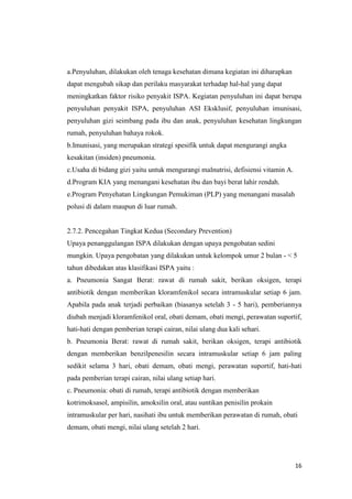16
a.Penyuluhan, dilakukan oleh tenaga kesehatan dimana kegiatan ini diharapkan
dapat mengubah sikap dan perilaku masyarakat terhadap hal-hal yang dapat
meningkatkan faktor risiko penyakit ISPA. Kegiatan penyuluhan ini dapat berupa
penyuluhan penyakit ISPA, penyuluhan ASI Eksklusif, penyuluhan imunisasi,
penyuluhan gizi seimbang pada ibu dan anak, penyuluhan kesehatan lingkungan
rumah, penyuluhan bahaya rokok.
b.Imunisasi, yang merupakan strategi spesifik untuk dapat mengurangi angka
kesakitan (insiden) pneumonia.
c.Usaha di bidang gizi yaitu untuk mengurangi malnutrisi, defisiensi vitamin A.
d.Program KIA yang menangani kesehatan ibu dan bayi berat lahir rendah.
e.Program Penyehatan Lingkungan Pemukiman (PLP) yang menangani masalah
polusi di dalam maupun di luar rumah.
2.7.2. Pencegahan Tingkat Kedua (Secondary Prevention)
Upaya penanggulangan ISPA dilakukan dengan upaya pengobatan sedini
mungkin. Upaya pengobatan yang dilakukan untuk kelompok umur 2 bulan - < 5
tahun dibedakan atas klasifikasi ISPA yaitu :
a. Pneumonia Sangat Berat: rawat di rumah sakit, berikan oksigen, terapi
antibiotik dengan memberikan kloramfenikol secara intramuskular setiap 6 jam.
Apabila pada anak terjadi perbaikan (biasanya setelah 3 - 5 hari), pemberiannya
diubah menjadi kloramfenikol oral, obati demam, obati mengi, perawatan suportif,
hati-hati dengan pemberian terapi cairan, nilai ulang dua kali sehari.
b. Pneumonia Berat: rawat di rumah sakit, berikan oksigen, terapi antibiotik
dengan memberikan benzilpenesilin secara intramuskular setiap 6 jam paling
sedikit selama 3 hari, obati demam, obati mengi, perawatan suportif, hati-hati
pada pemberian terapi cairan, nilai ulang setiap hari.
c. Pneumonia: obati di rumah, terapi antibiotik dengan memberikan
kotrimoksasol, ampisilin, amoksilin oral, atau suntikan penisilin prokain
intramuskular per hari, nasihati ibu untuk memberikan perawatan di rumah, obati
demam, obati mengi, nilai ulang setelah 2 hari.
 
