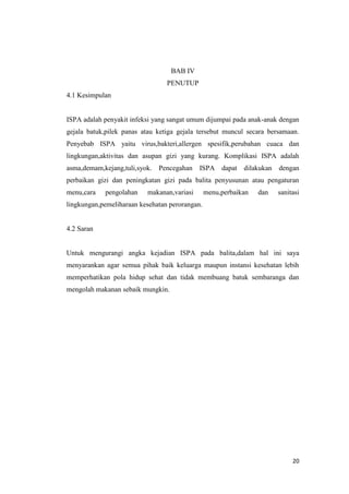 20
BAB IV
PENUTUP
4.1 Kesimpulan
ISPA adalah penyakit infeksi yang sangat umum dijumpai pada anak-anak dengan
gejala batuk,pilek panas atau ketiga gejala tersebut muncul secara bersamaan.
Penyebab ISPA yaitu virus,bakteri,allergen spesifik,perubahan cuaca dan
lingkungan,aktivitas dan asupan gizi yang kurang. Komplikasi ISPA adalah
asma,demam,kejang,tuli,syok. Pencegahan ISPA dapat dilakukan dengan
perbaikan gizi dan peningkatan gizi pada balita penyusunan atau pengaturan
menu,cara pengolahan makanan,variasi menu,perbaikan dan sanitasi
lingkungan,pemeliharaan kesehatan perorangan.
4.2 Saran
Untuk mengurangi angka kejadian ISPA pada balita,dalam hal ini saya
menyarankan agar semua pihak baik keluarga maupun instansi kesehatan lebih
memperhatikan pola hidup sehat dan tidak membuang batuk sembaranga dan
mengolah makanan sebaik mungkin.
 
