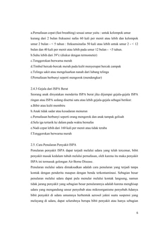 6
a.Pernafasan cepat (fast breathing) sesuai umur yaitu : untuk kelompok umur
kurang dari 2 bulan frekuensi nafas 60 kali per menit atau lebih dan kelompok
umur 2 bulan - < 5 tahun : frekuensinafas 50 kali atau lebih untuk umur 2 - < 12
bulan dan 40 kali per menit atau lebih pada umur 12 bulan - <5 tahun.
b.Suhu lebih dari 39°c (diukur dengan termometer)
c.Tenggorokan berwarna merah
d.Timbul bercak-bercak merah pada kulit menyerupai bercak campak
e.Telinga sakit atau mengeluarkan nanah dari lubang telinga
f.Pernafasan berbunyi seperti mengorok (mendengkur)
2.4.3 Gejala dari ISPA Berat
Seorang anak dinyatakan menderita ISPA berat jika dijumpai gejala-gejala ISPA
ringan atau ISPA sedang disertai satu atau lebih gejala-gejala sebagai berikut:
a.Bibir atau kulit membiru
b.Anak tidak sadar atau kesadaran menurun
c.Pernafasan berbunyi seperti orang mengorok dan anak tampak gelisah
d.Sela iga tertarik ke dalam pada waktu bernafas
e.Nadi cepat lebih dari 160 kali per menit atau tidak teraba
f.Tenggorokan berwarna merah
2.5. Cara Penularan Penyakit ISPA
Penularan penyakit ISPA dapat terjadi melalui udara yang telah tercemar, bibit
penyakit masuk kedalam tubuh melalui pernafasan, oleh karena itu maka penyakit
ISPA ini termasuk golongan Air Borne Disease.
Penularan melalui udara dimaksudkan adalah cara penularan yang terjadi tanpa
kontak dengan penderita maupun dengan benda terkontaminasi. Sebagian besar
penularan melalui udara dapat pula menular melalui kontak langsung, namun
tidak jarang penyakit yang sebagian besar penularannya adalah karena menghisap
udara yang mengandung unsur penyebab atau mikroorganisme penyebab.Adanya
bibit penyakit di udara umumnya berbentuk aerosol yakni suatu suspensi yang
melayang di udara, dapat seluruhnya berupa bibit penyakit atau hanya sebagian
 