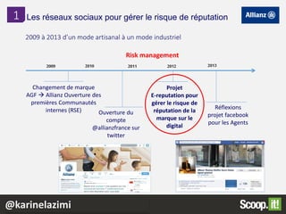 2009 à 2013 d’un mode artisanal à un mode industriel
2009 2010 2011 2012
Changement de marque
AGF  Allianz Ouverture des
premières Communautés
internes (RSE) Ouverture du
compte
@allianzfrance sur
twitter
Projet
E-reputation pour
gérer le risque de
réputation de la
marque sur le
digital
2013
Réflexions
projet facebook
pour les Agents
1
Risk management
Les réseaux sociaux pour gérer le risque de réputation
@karinelazimi
 