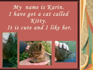 My  name is Karin.  I have got a cat called  Kitty.  It is cute and I like her. 