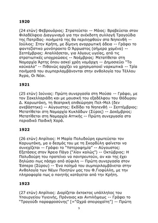 1920 
(24 ετών) Φεβρουάριος: Στρατεύεται -- Μάιος: Βραβεύεται στον 
Φιλαδέλφειο Διαγωνισμό για την ανέκδοτη συλλογή Τραγούδια 
της Πατρίδας· ποιήματά της θα περιληφθούν στα Νηπενθή -- 
Ιούλιος: Στην Κρήτη, με δίμηνη αναρρωτική άδεια -- Γράφει το 
φαντεζίστικο μονόπρακτο Ο Άρρωστος (σήμερα χαμένο) -- 
Σεπτέμβριος: Απαλλάσεται, για λόγους υγείας, από τις 
στρατιωτικές υποχρεώσεις -- Νοέμβριος: Μετατίθεται στη 
Νομαρχία Άρτης όπου ασκεί χρέη νομάρχη -- Δημοσιεύει “Το 
καύκαλο” -- Πιθανώς αρχίζει να χρησιμοποιεί ναρκωτικά -- Τρία 
ποιήματά του συμπεριλαμβάνονται στην ανθολογία του Τέλλου 
Άγρα, Οι Νέοι. 
1921 
(25 ετών) Ιούνιος: Πρώτη συνεργασία στη Μούσα -- Γράφει, με 
τον Σακελλαριάδη και με μουσική του εξαδέλφου του Θόδωρου 
Δ. Καρυωτάκη, τη θεατρική επιθεώρηση Πελ-Μελ (δεν 
ανεβάστηκε) -- Αύγουστος: Εκδίδει τα Νηπενθή -- Σεπτέμβριος: 
Μετατίθεται στη Νομαρχία Κυκλάδων (Σύρος) -- Δεκέμβριος: 
Μετατίθεται στη Νομαρχία Αττικής -- Πρώτη συνεργασία στο 
περιοδικό Παιδική Χαρά. 
1922 
(26 ετών) Απρίλιος: Η Μαρία Πολυδούρη ερωτεύεται τον 
Καρυωτάκη, μα ο δεσμός του με τη Σκορδύλη φαίνεται να 
συνεχίζεται -- Γράφει το “Υστεροφημία” -- Αύγουστος: 
Εξετάσεις στον Άρειο Πάγο (“λίαν καλώς”) -- Οκτώβριος: Η 
Πολυδούρη του προτείνει να παντρευτούν, αν και της έχει 
δηλώσει πως πάσχει από σύφιλη -- Πρώτη συνεργασία στον 
Έσπερο (Σύρου) -- Ένα ποίημά του συμπεριλαμβάνεται στην 
Ανθολογία των Νέων Ποιητών μας του Φ.Γιοφύλλη, με την 
πληροφορία πως ο ποιητής κατάγεται από την Κρήτη. 
1923 
(27 ετών) Απρίλιος: Διορίζεται έκτακτος υπάλληλος του 
Υπουργείου Υγιεινής, Πρόνοιας και Αντιλήψεως -- Γράφει το 
“Τραγούδι παραφροσύνης” [=“Ωχρά σπειροχαίτη”] -- Πρώτη 
9 
 