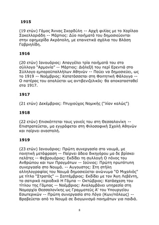 1915 
(19 ετών) Γάμος Άννας Σκορδύλη -- Αρχή φιλίας με το Χαρίλαο 
Σακελλαριάδη -- Μάρτιος: Δύο ποιήματά του δημοσιεύονται 
στην εφημερίδα Ακρόπολη, με επαινετικά σχόλια του Βλάση 
Γαβριηλίδη. 
1916 
(20 ετών) Ιανουάριος: Απαγγέλει τρία ποιήματά του στο 
σύλλογο “Αρμονία” -- Μάρτιος: Διάλεξή του περί Ερεντιά στο 
Σύλλογο εμποροϋπαλλήλων Αθηνών -- Παύει να δημοσιεύει, ως 
το 1919 -- Νοέμβριος: Κατατάσσεται στη Φοιτητική Φάλαγγα -- 
Ο πατέρας του απολύεται ως αντιβενιζελικός· θα αποκατασταθεί 
στα 1917. 
1917 
(21 ετών) Δεκέμβριος: Πτυχιούχος Νομικής (“λίαν καλώς”) 
1918 
(22 ετών) Επισκέπτεται τους γονείς του στη Θεσσαλονίκη -- 
Επιστρατεύεται, μα εγγράφεται στη Φιλοσοφική Σχολή Αθηνών 
και παίρνει αναστολή. 
1919 
(23 ετών) Ιανουάριος: Πρώτη συνεργασία στο νουμά, με 
ποιητική μετάφραση -- Παίρνει άδεια δικηγόρου μα δε βρίσκει 
πελάτες -- Φεβρουάριος: Εκδίδει τη συλλογή Ο πόνος του 
Ανθρώπου και των Πραγμάτων -- Ιούνιος: Πρώτη πρωτότυπη 
συνεργασία στο Νουμά. -- Αυγουστος: Στη στήλη 
αλληλογραφίας του Νουμά δημοσιεύεται ανώνυμα “Ο Μιχαλιός” 
με τίτλο “Στρατός” -- Σεπτέμβριος: Εκδίδει με τον Άγη Λεβέντη, 
το σατιρικό περιοδικό Η Γάμπα -- Οκτώβριος: Κατάσχεση του 
τίτλου της Γάμπας -- Νοέμβριος: Αναλαμβάνει υπηρεσία στη 
Νομαρχία Θεσσαλονίκης ως Γραμματεύς Α' του Υπουργείου 
Εσωτερικών -- Πρώτη συνεργασία στο Λόγο (Κων/πόλεως) -- 
Βραβεύεται από το Νουμά σε διαγωνισμό ποιημάτων για παιδιά. 
8 
 