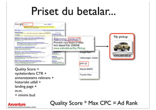 Priset du betalar...
                                             Ny pickup




                                            www.zebrabil.ax




Quality Score =
nyckelordens CTR +
annonstextens relevans +
historiskt utfall +
landing page +
m.m.
= minimi bud

                     Quality Score * Max CPC = Ad Rank
 