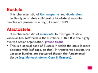 Eustele:
• It is characteristic of Gymnosperms and dicots stem.
• In this type of stele collateral or bicollateral vascular
bundles are present in a ring (Brebner, 1902)
Atactostele:
• It is characteristic of monocots. In this type of stele
vascular lies scattered in the (Brebner, 1902). It is the highly
evolved stelar organisation. ground tissue
• This is a special case of Eustele in which the stele is more
disected with leaf gaps, so that , in transverse section, the
vascular bundles are scattered though the fundamental
tissue (e.g. Monocot stems, Corn & Grasses).
 