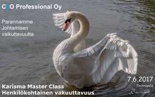 Karisma Master Class
Henkilökohtainen vakuuttavuus
7.6.2017
Technopolis
CxO Professional Oy
Parannamme
Johtamisen
vaikuttavuutta
 