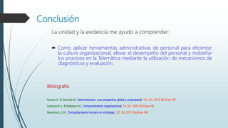 Conclusión
La unidad y la evidencia me ayudo a comprender:
 Como aplicar herramientas administrativas de personal para eficientar
la cultura organizacional, elevar el desempeño del personal y rediseñar
los procesos en la Telemática mediante la utilización de mecanismos de
diagnósticos y evaluación.
Bibliografía:
Koontz H. & Cannice M., Administración, una perspectiva global y empresarial, 14a. Ed. 2012 McGraw Hill
Ivancevich J. & Matteson M., Comportamiento organizacional, 7a. Ed. 2006 McGraw Hill
Newstrom, J.W., Comportamiento humano en el trabajo, 13ª. Ed. 2011 McGraw Hill
 