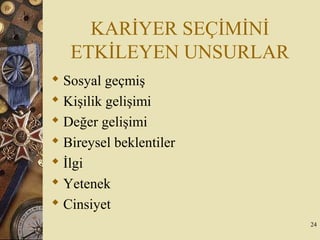 KARİYER SEÇİMİNİ
ETKİLEYEN UNSURLAR
 Sosyal geçmiş
 Kişilik gelişimi
 Değer gelişimi
 Bireysel beklentiler
 İlgi
 Yetenek
 Cinsiyet
24
 