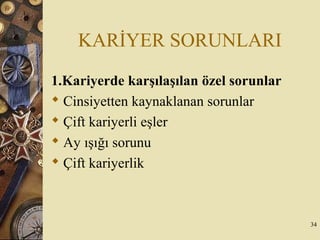 KARİYER SORUNLARI
1.Kariyerde karşılaşılan özel sorunlar
 Cinsiyetten kaynaklanan sorunlar
 Çift kariyerli eşler
 Ay ışığı sorunu
 Çift kariyerlik
34
 