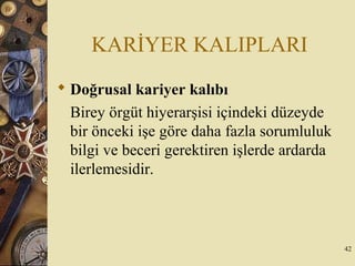 KARİYER KALIPLARI
 Doğrusal kariyer kalıbı
Birey örgüt hiyerarşisi içindeki düzeyde
bir önceki işe göre daha fazla sorumluluk
bilgi ve beceri gerektiren işlerde ardarda
ilerlemesidir.
42
 
