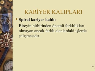 KARİYER KALIPLARI
 Spiral kariyer kalıbı
Bireyin birbirinden önemli farklılıkları
olmayan ancak farklı alanlardaki işlerde
çalışmasıdır.
43
 