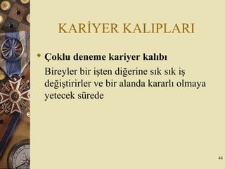KARİYER KALIPLARI
 Çoklu deneme kariyer kalıbı
Bireyler bir işten diğerine sık sık iş
değiştirirler ve bir alanda kararlı olmaya
yetecek sürede
44
 