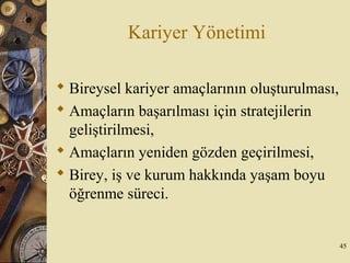 Kariyer Yönetimi
 Bireysel kariyer amaçlarının oluşturulması,
 Amaçların başarılması için stratejilerin
geliştirilmesi,
 Amaçların yeniden gözden geçirilmesi,
 Birey, iş ve kurum hakkında yaşam boyu
öğrenme süreci.
45
 