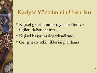 Kariyer Yönetiminin Unsurları
 Kişisel gereksinimleri, yetenekleri ve
ilgileri değerlendirme
 Kişisel başarımı değerlendirme,
 Gelişmekte etkinliklerini planlama
51
 