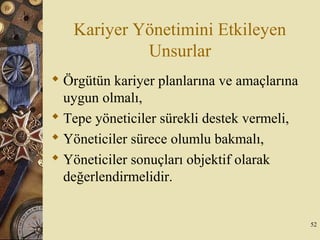 Kariyer Yönetimini Etkileyen
Unsurlar
 Örgütün kariyer planlarına ve amaçlarına
uygun olmalı,
 Tepe yöneticiler sürekli destek vermeli,
 Yöneticiler sürece olumlu bakmalı,
 Yöneticiler sonuçları objektif olarak
değerlendirmelidir.
52
 