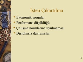 İşten Çıkartılma
 Ekonomik sorunlar
 Performans düşüklüğü
 Çalışma normlarına uyulmaması
 Disiplinsiz davranışlar
62
 