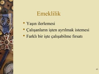 Emeklilik
 Yaşın ilerlemesi
 Çalışanların işten ayrılmak istemesi
 Farklı bir işte çalışabilme fırsatı
63
 