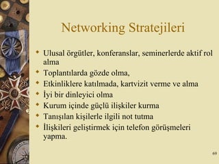 Networking Stratejileri
 Ulusal örgütler, konferanslar, seminerlerde aktif rol
alma
 Toplantılarda gözde olma,
 Etkinliklere katılmada, kartvizit verme ve alma
 İyi bir dinleyici olma
 Kurum içinde güçlü ilişkiler kurma
 Tanışılan kişilerle ilgili not tutma
 İlişkileri geliştirmek için telefon görüşmeleri
yapma.
69
 