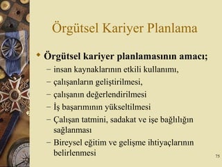 Örgütsel Kariyer Planlama
 Örgütsel kariyer planlamasının amacı;
– insan kaynaklarının etkili kullanımı,
– çalışanların geliştirilmesi,
– çalışanın değerlendirilmesi
– İş başarımının yükseltilmesi
– Çalışan tatmini, sadakat ve işe bağlılığın
sağlanması
– Bireysel eğitim ve gelişme ihtiyaçlarının
belirlenmesi 75
 